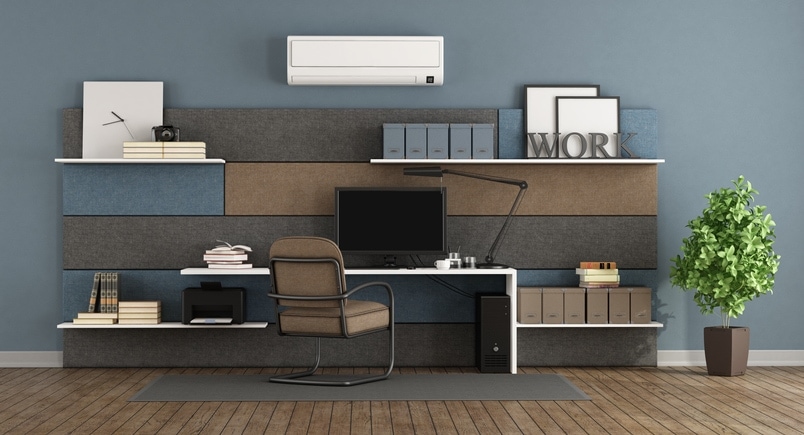 This is a Blue and brown modern office with fabric paneling with shelves and desk as a 3d rendering. the room does not exist in reality. The property model is not necessary.
