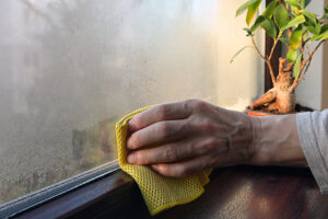 hand using a towel to wipe humidity condensation off of window of home.