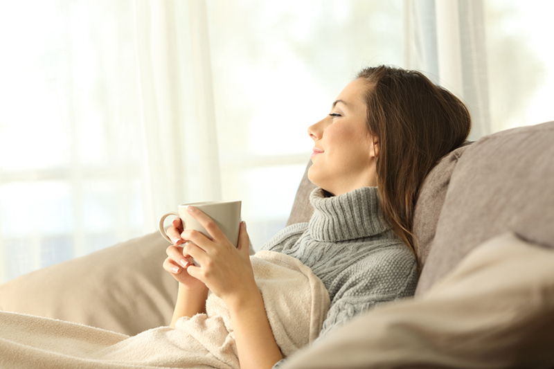 Portrait of a pensive woman relaxing sitting on a sofa in the living room in a house interior in winter enjoying her zone control system